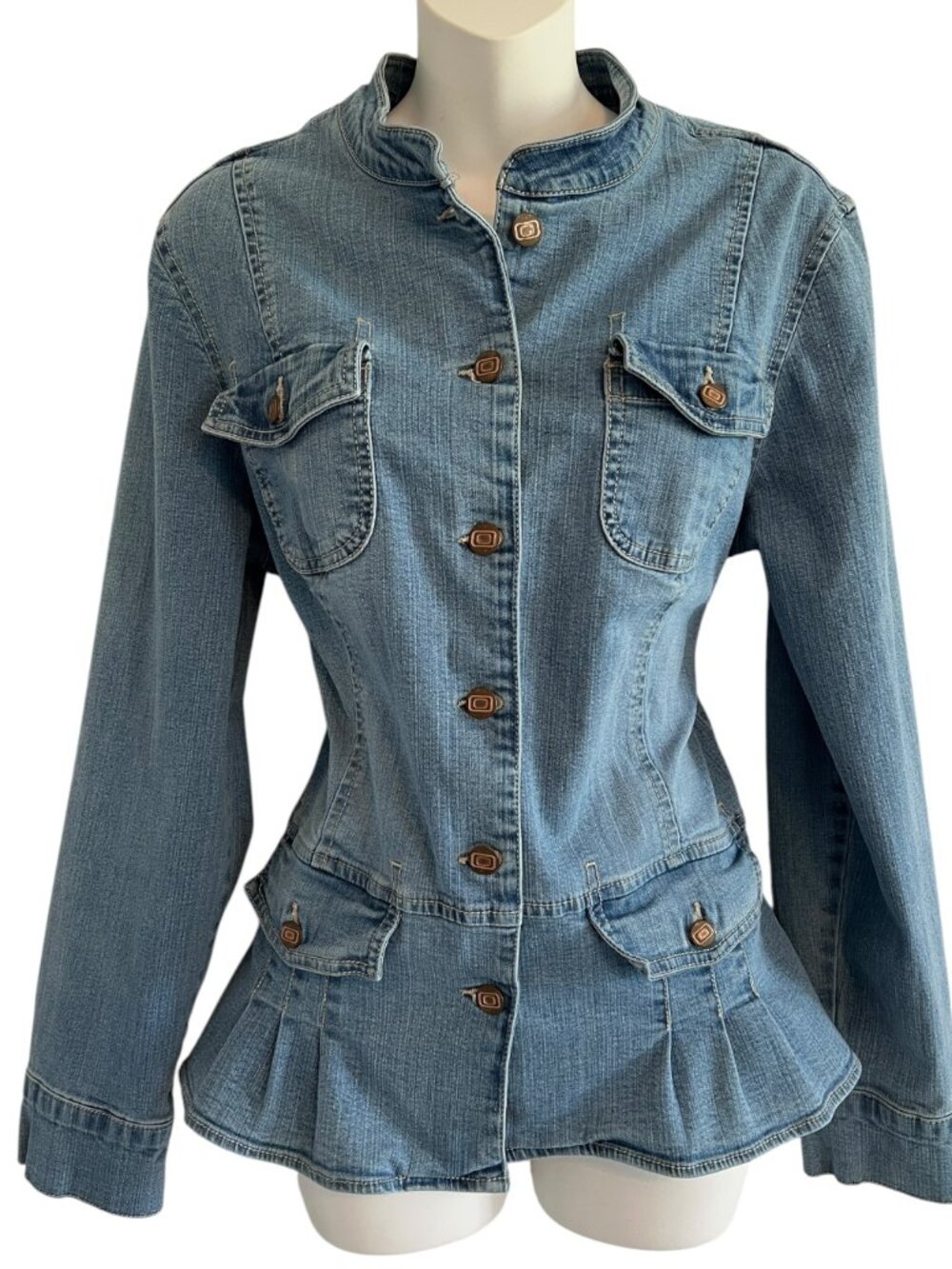 Womens Denim Peplum Jacket L Flap Pockets Nehru/Mandarin Collar Pleats Bandolino